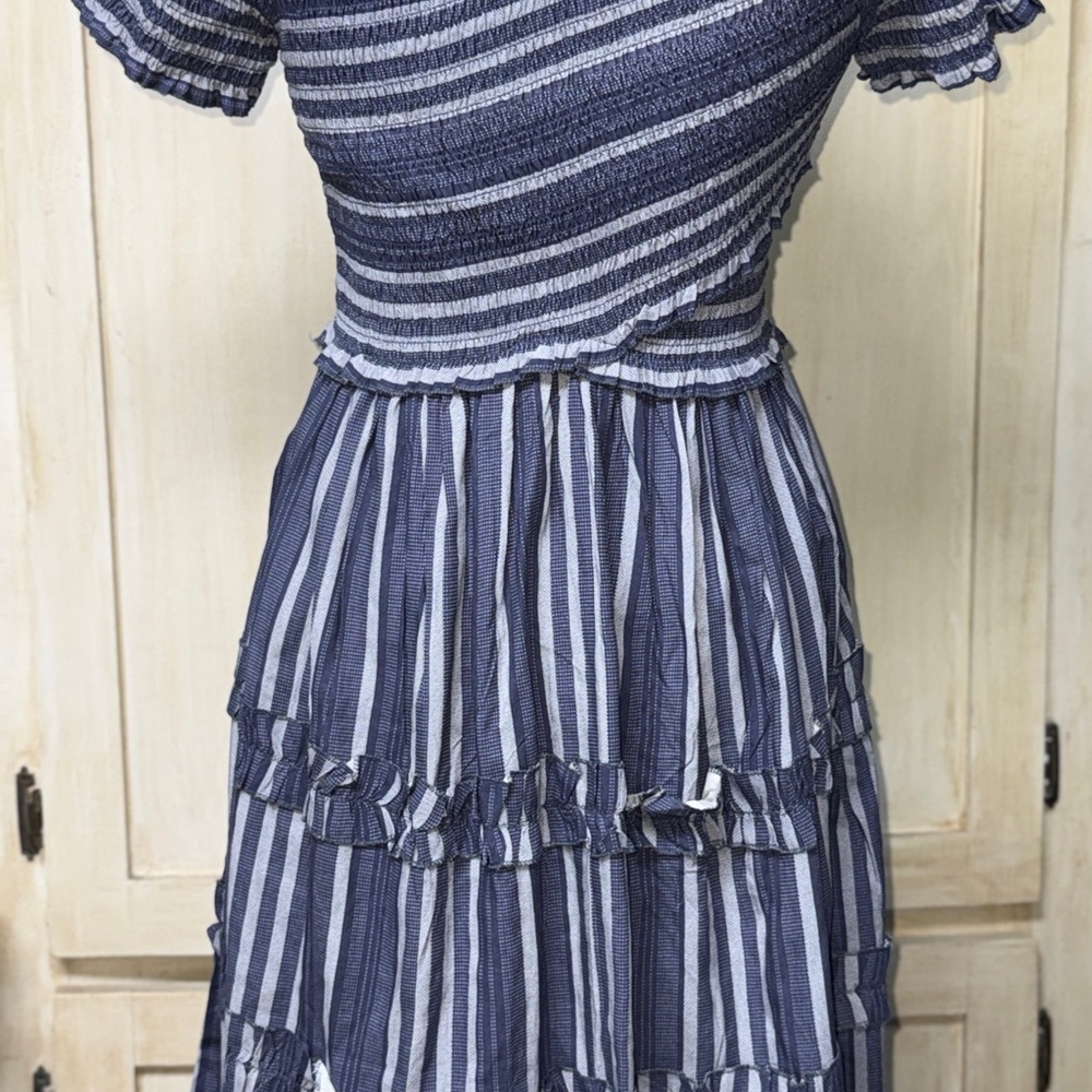 Japna Navy and White Striped smocked dress - Picture 3 of 4